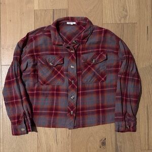 Maurices Cropped Red and Gray Plaid Button-Front